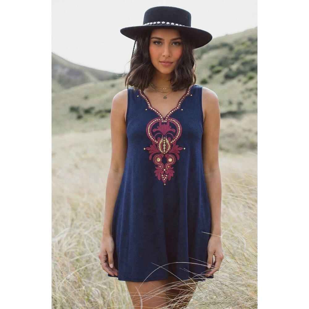 Lilly Pulitzer Embellished Trapeze Mini Dress Navy Sz Sm Resort Brunch Boho Chic